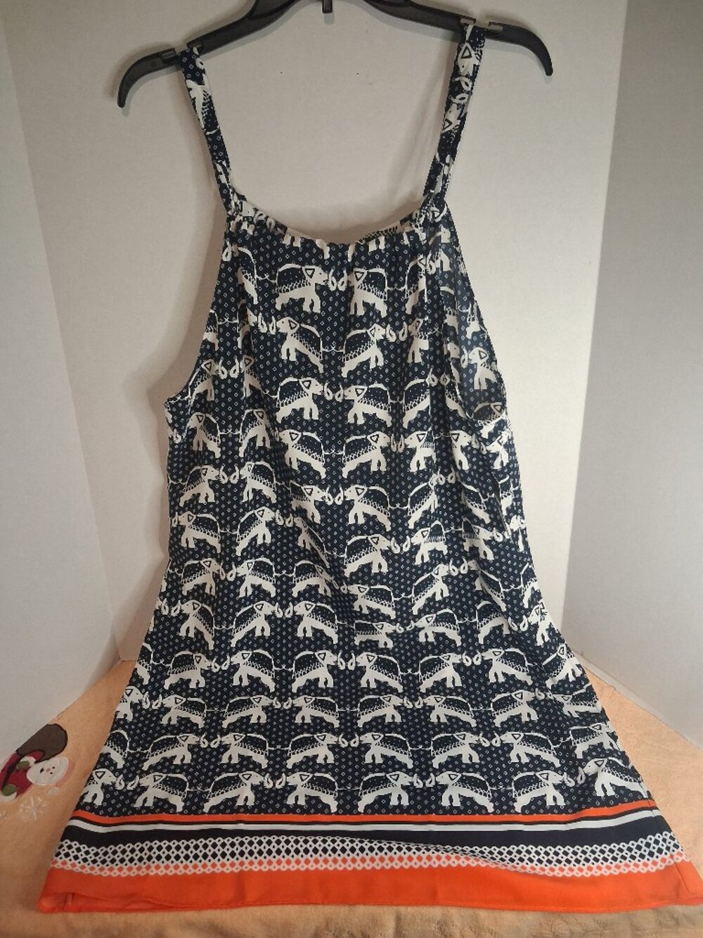 NWT Crown & Ivy Elephant Print Halter Shift Dress Navy Orange Accent Sleeveless
